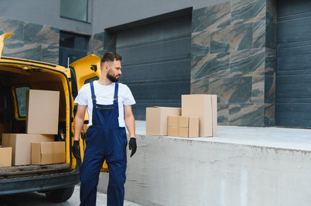 Courier wearing gloves checking cardboard boxes near a yellow delivery van, delivering or picking up...