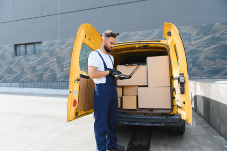 Courier wearing gloves using laptop checking cardboard boxes while standing near open delivery van