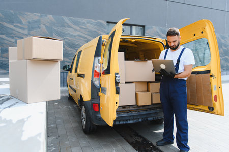 Delivery worker checking orders on a laptop next to his yellow delivery van full of cardboard boxes