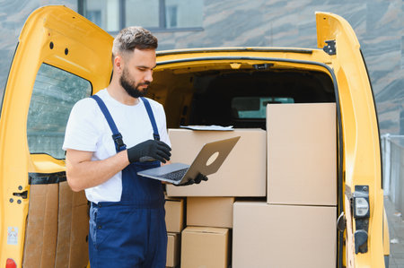 Delivery man using laptop next to open van full of cardboard boxes, managing shipping and logistics