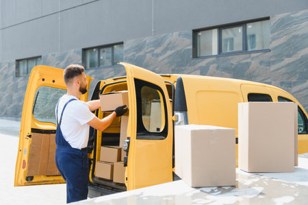 Courier gloves wearing loading cardboard boxes into a yellow delivery van parked near a modern...