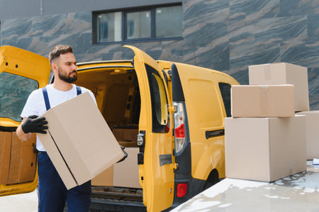 Courier carrying a cardboard box from an open delivery van, efficiently delivering packages to...