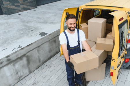 Smiling delivery man unloading cardboard boxes from a yellow delivery van, providing efficient and reliable shipping serviceの写真素材