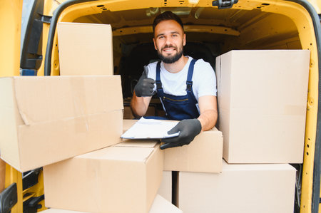 Courier showing thumbs up while holding a clipboard and surrounded by cardboard boxes inside a...