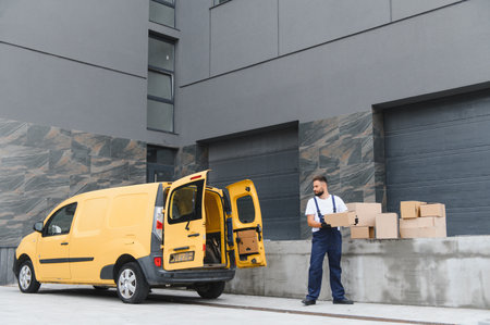 Courier carrying cardboard box from open delivery van, delivering packages in front of a modern...