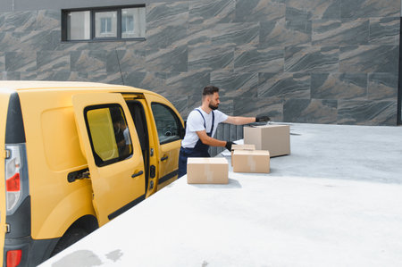 Courier gloves wearing unloading cardboard boxes from a yellow delivery van parked in front of a modern buildingの写真素材