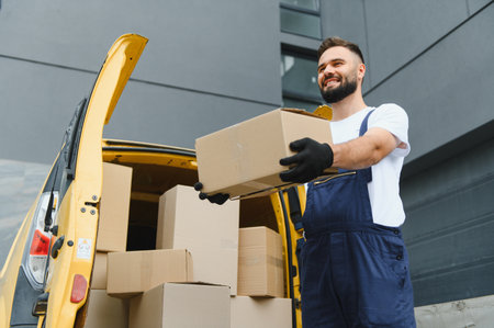 Smiling delivery man unloading cardboard boxes from a bright yellow van, wearing gloves and a uniform, showcasing efficient serviceの写真素材