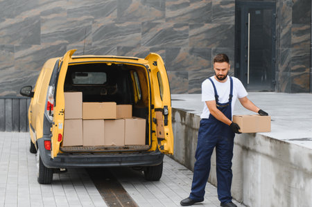 Courier wearing overalls and gloves placing cardboard box on concrete curb near open yellow delivery...