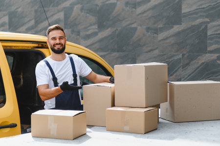 Courier wearing gloves, displaying cardboard boxes while positioned beside a vibrant yellow delivery van, ready for efficient shippingの写真素材