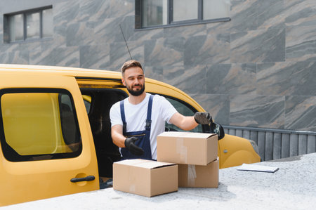 Courier gloves wearing unloading cardboard boxes from a yellow delivery van, offering a parcel to the recipientの写真素材