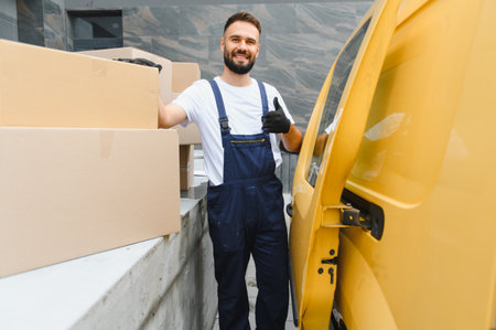 Courier wearing overalls and gloves giving thumbs up next to a yellow delivery van and cardboard...