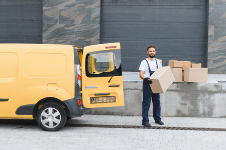 Courier carrying a parcel beside a bright yellow delivery van, efficiently delivering packages in an...