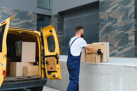 Courier unloading cardboard boxes from a vibrant yellow delivery van, transporting goods directly to...