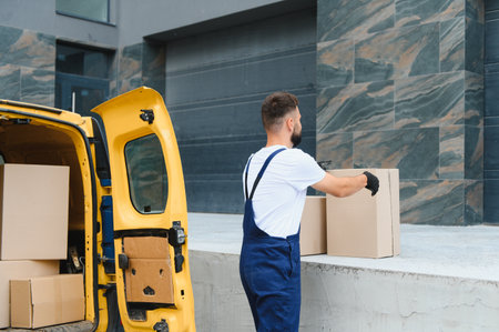 Courier unloading cardboard boxes from a bright yellow delivery van, getting ready for efficient...