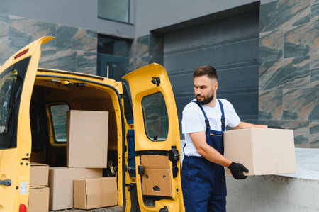 Courier gloves wearing unloading cardboard boxes from a bright yellow delivery van, efficiently handling packages for timely transport and logisticsの写真素材
