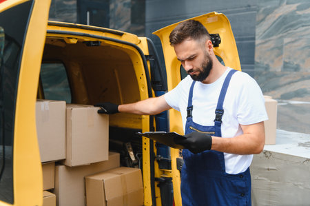 Delivery man checking cardboard boxes while holding a clipboard next to an open van, ensuring efficient logistics for the days shipmentsの写真素材