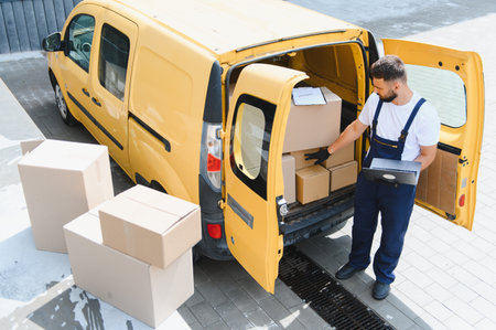 Courier wearing overalls and gloves checking cardboard boxes inside a yellow delivery van with a...