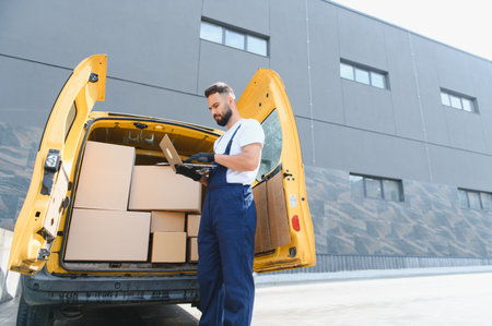 Courier wearing gloves and using laptop next to open delivery van full of cardboard boxes in front of warehouseの写真素材