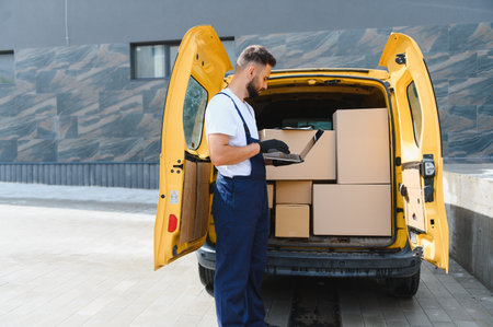 Courier checking orders on a laptop while parked next to a yellow delivery van filled with cardboard boxes for efficient shippingの写真素材
