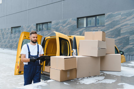 Courier wearing gloves and uniform checking a clipboard next to cardboard boxes and a commercial...