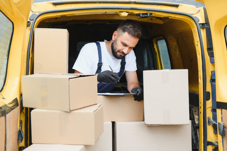 Courier writing on clipboard while checking packages in a yellow van, delivery and shipping service...
