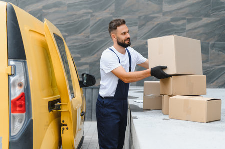Courier wearing gloves organizing packages for delivery, managing logistics and shipping with...