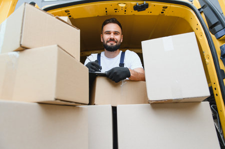 Courier writing on a clipboard while checking packages inside a delivery van, ensuring all items are accounted for and ready for shipmentの写真素材