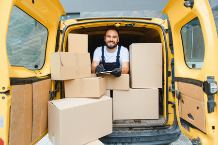 Courier writing on clipboard while working inside delivery van full of packages, managing shipping...
