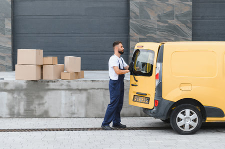 Courier closing the trunk of a yellow minivan with cardboard boxes ready for delivery, shipping and...