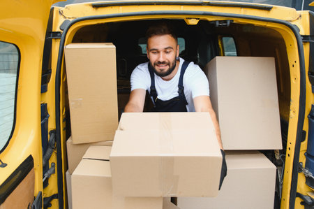 Courier taking out parcel from a commercial vehicle full of packages, shipping and logistics concept