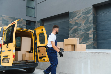 Courier carrying parcels from a delivery van, representing the essential shipping and logistics...