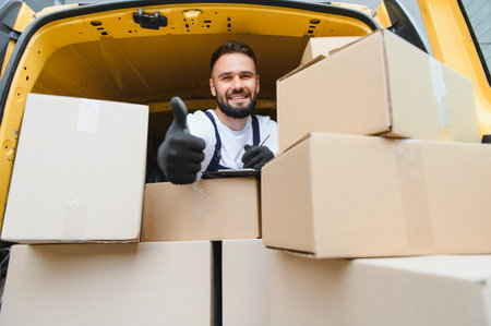 Courier smiling and gesturing thumbs up from inside a delivery van full of packages, expressing...