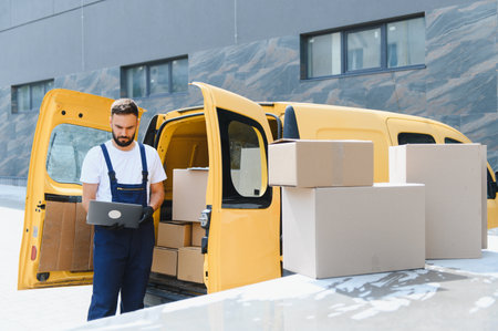 Courier checking orders on laptop near his yellow delivery van full of cardboard boxes ready for...