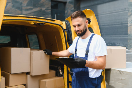 Courier wearing gloves checking cardboard boxes while holding clipboard near open delivery vanの写真素材