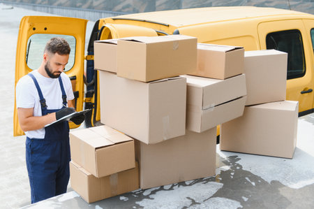 Delivery man writing on clipboard next to stack of cardboard boxes on a yellow van ramp, managing...