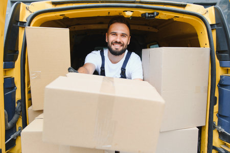 Smiling delivery man handing a cardboard box to a customer from a yellow van packed with various...