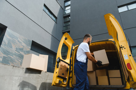 Courier loading packages into a bright yellow van, getting ready for a busy delivery route through the bustling city streetsの写真素材