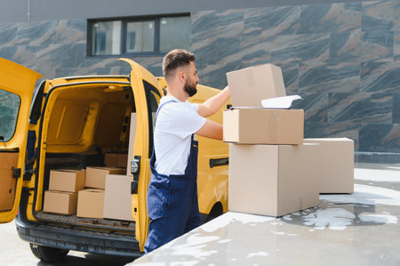 Courier carrying parcels from a commercial vehicle, managing cardboard boxes for shipping and...