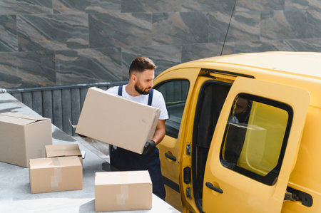 Courier loading packages into a delivery van, efficiently preparing for shipment and distribution of...
