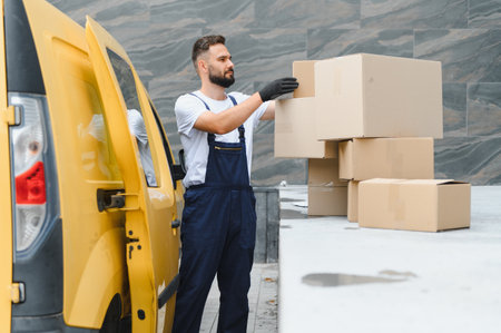 Courier wearing gloves organizing packages for delivery, managing logistics and transportation with efficiency and careの写真素材
