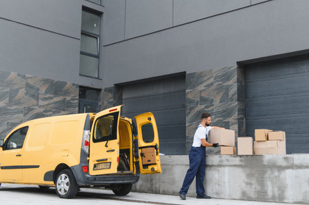 Courier carrying parcels from a commercial vehicle, completing a delivery in front of a modern buildingの写真素材