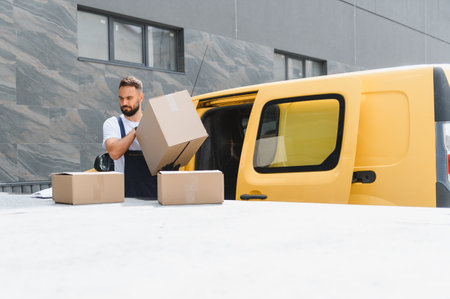 Courier preparing packages for shipment while loading cardboard boxes into a bright yellow delivery...