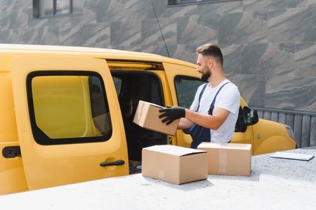 Courier unloading packages from a commercial vehicle, getting ready for efficient home delivery...