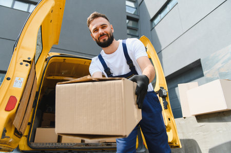 Delivery man handing a cardboard box from the back of a bright yellow van, providing reliable...