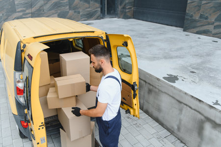 Courier gloves wearing carefully loading cardboard boxes into a yellow delivery van, preparing for...