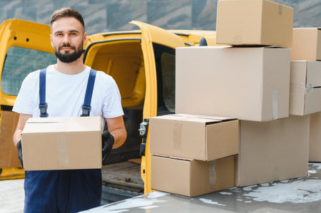 Courier wearing gloves holding package next to a yellow delivery van loaded with cardboard boxes,...