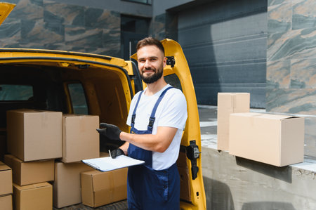 Courier gloves wearing checking cardboard boxes in a delivery van holding a clipboard and pen,...