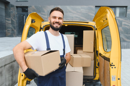 Delivery man wearing gloves and smiling while holding a package in front of a yellow van filled with...