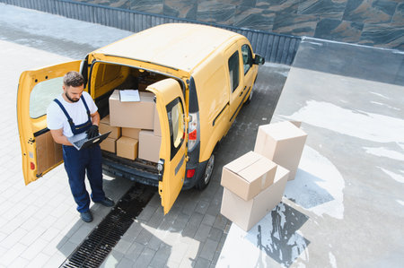 Courier checking delivery information on laptop next to his yellow van full of cardboard boxes