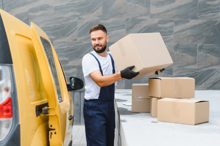 Delivery man unloading cardboard boxes from a bright yellow van, efficiently transporting goods...